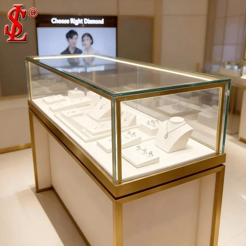 custom.Luxury Jewelry Display Counter Glass Showcase Brushed Frame LED Lighting Eco-Friendly Customizable Retail