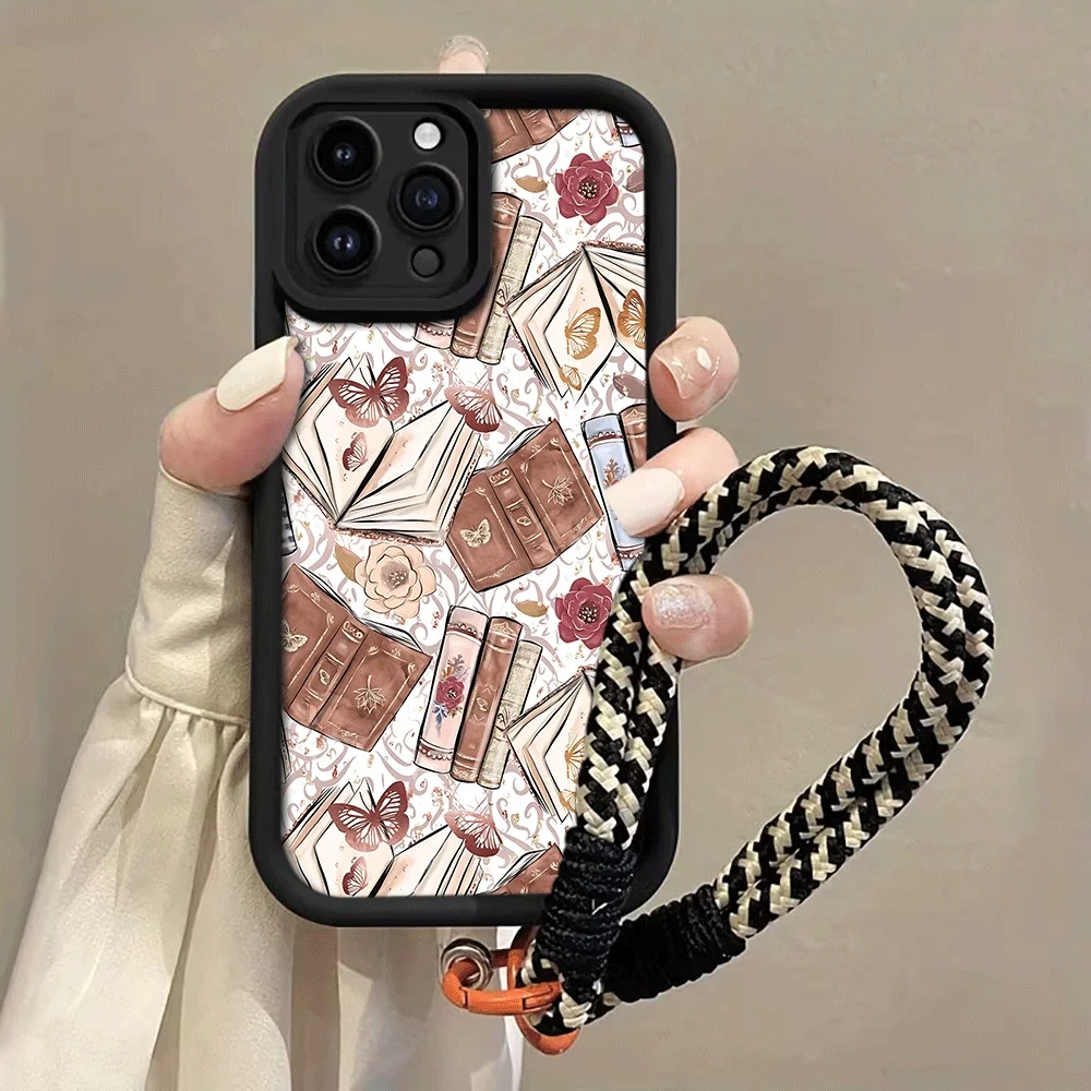 Bücher Schmetterlinge Blumen Riemen Seil Handyhülle für iPhone 14 15 16 17ProMax 15 14 13 Pro Plus Stoßfeste Matte Silikonhülle – Detail 3