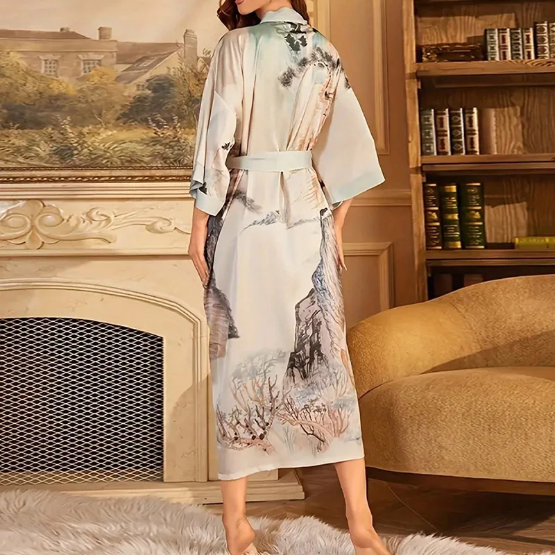 Cardigan Kimono con lacci stampato di media lunghezza allentato elegante retrò europeo e americano Accappatoio sexy estivo Camicia da notte Copricostume da spiaggia Abbigliamento di protezione solare