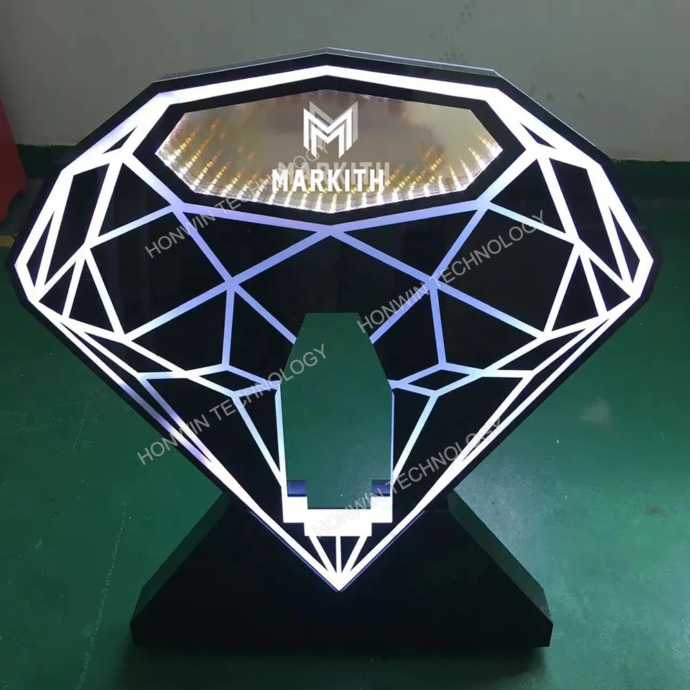 Customized Champagne Diamond Bottle Presenter LED Infinity Illusion Mirror Wine Glorifier Display VIP Service LED Neon Sign