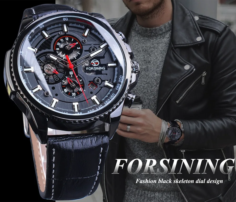 Fashion Forsining Top Brand Genuine Leather Men\'s Calendar Week Display Multifunctional Automatic Mechanical Wrist Watches