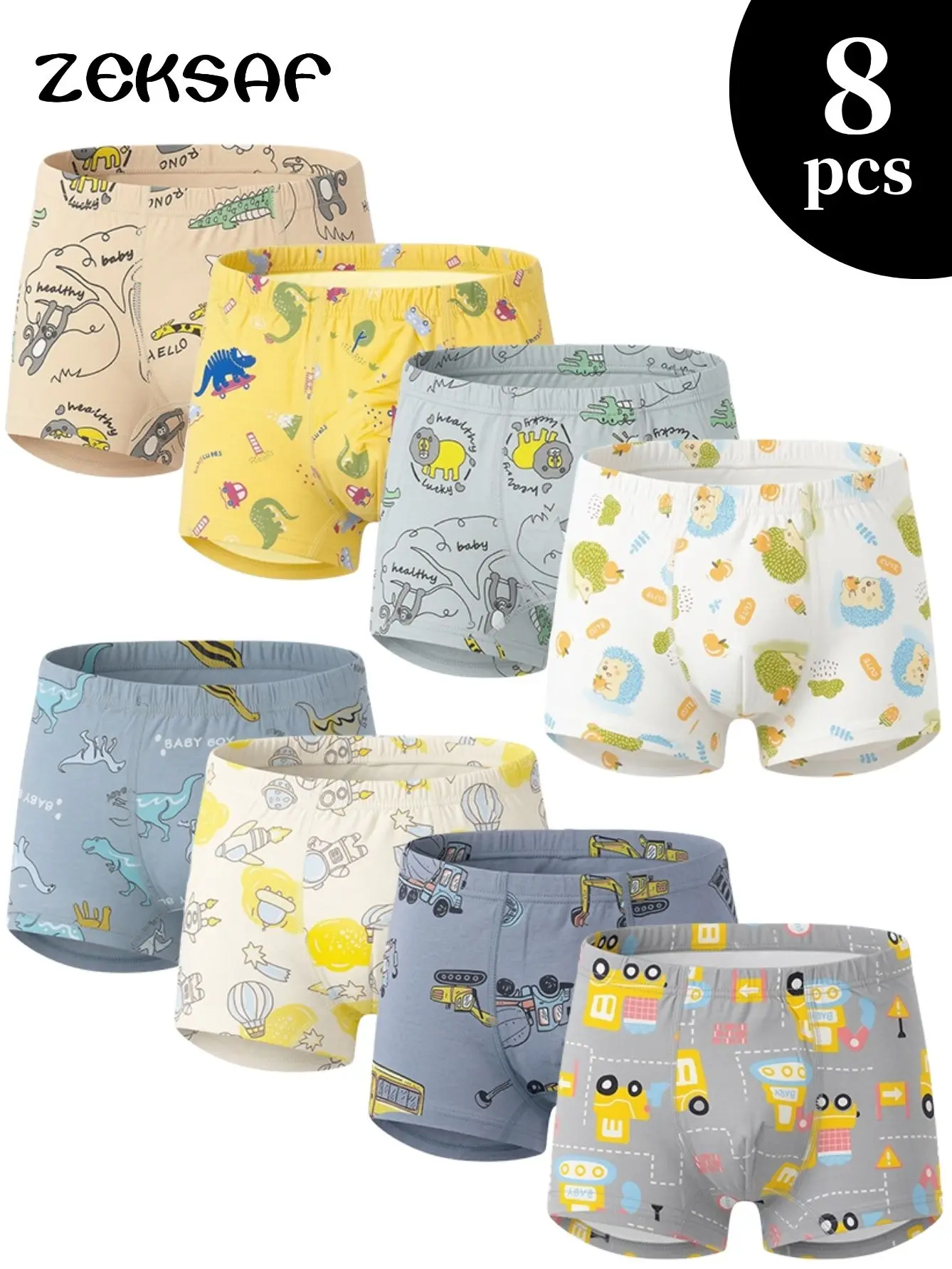 Kids Boys Underwears 8 Pack, 95% Cotton Ultra Soft Boxer Briefs With Non-Roll Waistband, Fun Cartoon Animal Vehicle Print Underpants For School/Daily Play