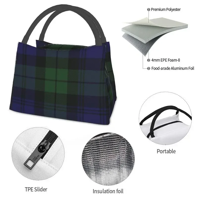 Black Watch Tartan Clock Green And Blue Insulated Lunch Bags for Women Leakproof Clans of Scotland Thermal Cooler Lunch Box