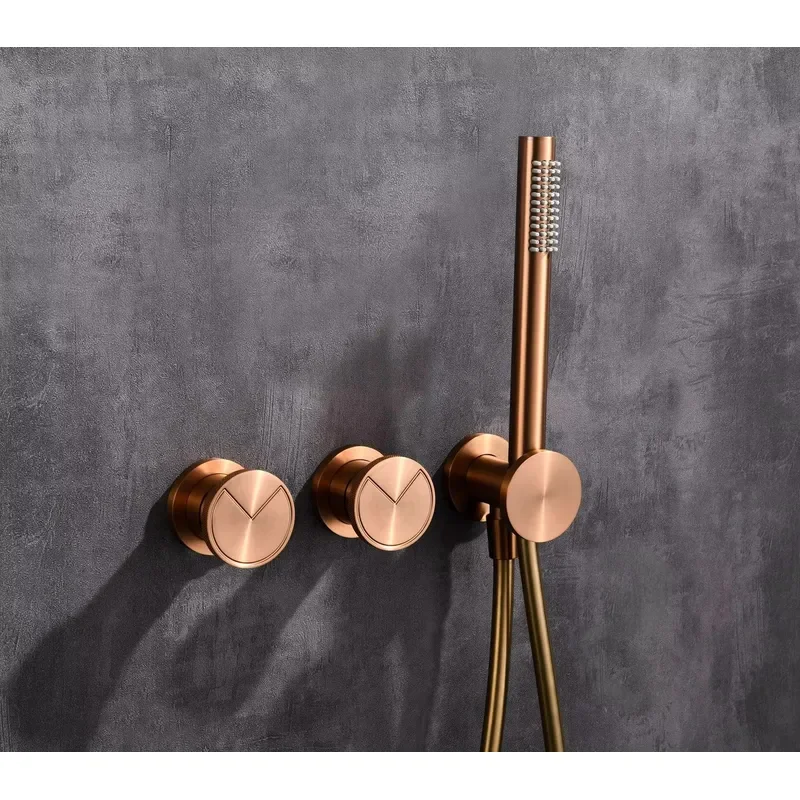 Modern Rose Gold Wall Mounted Rain Shower Set with Waterfall Spout Brass Body Ceramic Valve Hot Cold Hidden Bathroom Fixture