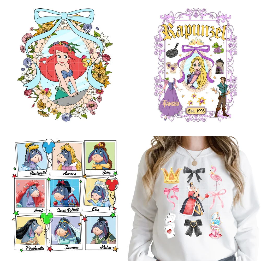 Cute Cartoon Animal Princess Villain Characters Girl Trip Iron on Washable DTF Heat Transfer Stickers Ready to Press for Hoodies