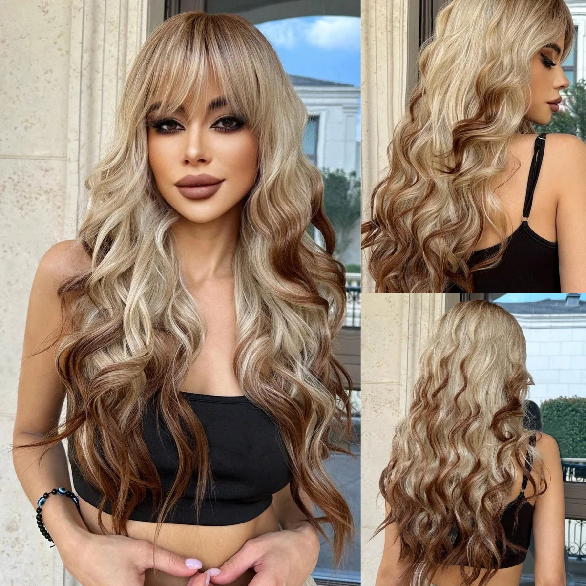 

Water Wave Wigs With Bangs Ombre Wigs 28 Inch Heat Resistant Fiber Long Wavy Deep Wave Synthetic Wigs For Women Party Daily Used