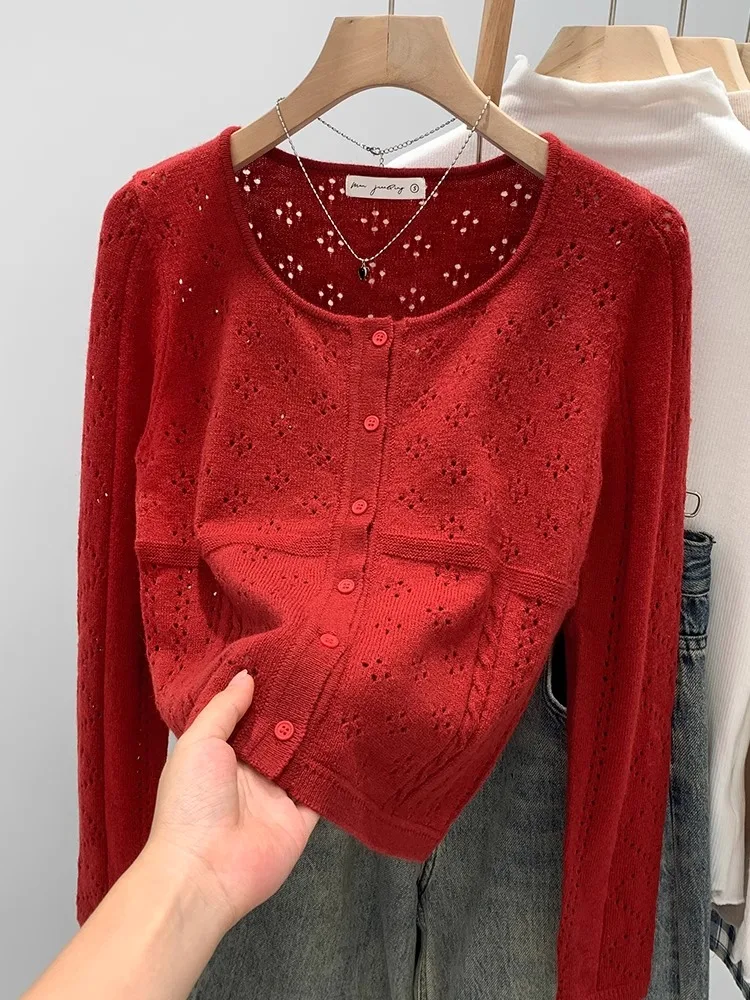 

Женский красный вязаный свитер в стиле ретро, весна-лето, тонкий солнцезащитный кардиган, универсальный короткий топ в ленивом стиле