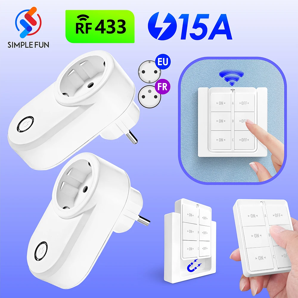 

433MHz Wireless Smart Socket 15A 220V EU FR Remote Control Smart Plug Magnetic Panel Switch Electrical Outlet for Home Appliance