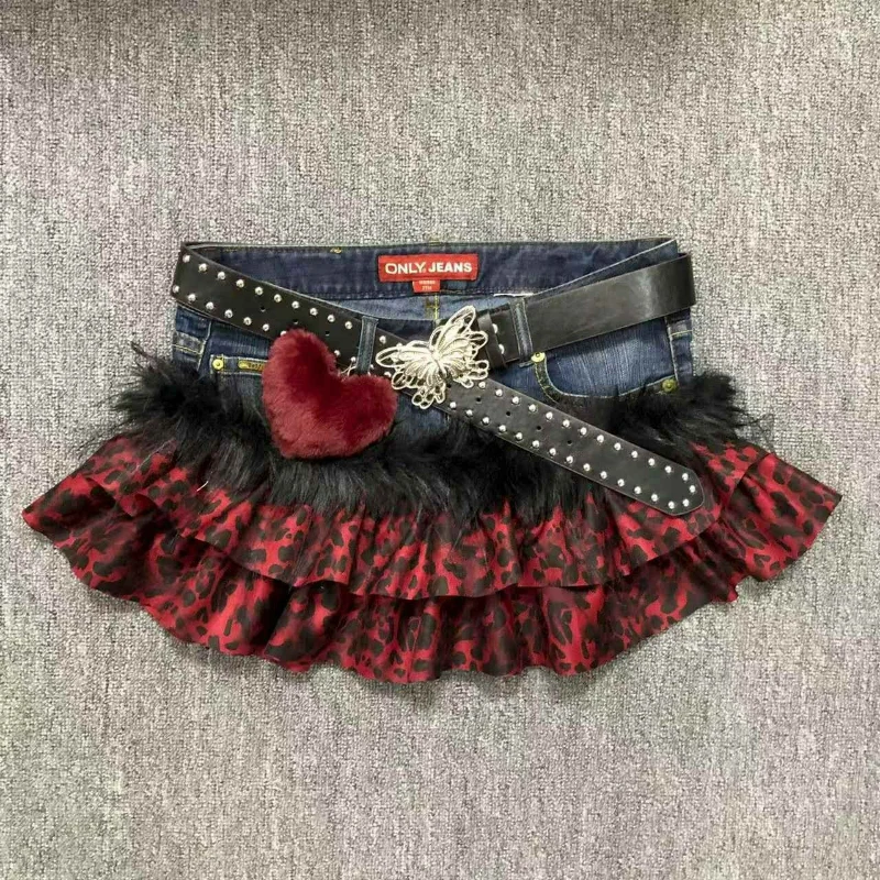 Harajuku Fashion Lolita Denim Skirt Women Vintage Sweet Red Leopard Print Patchwork Ruffles Mini Skirts Female Cute Short Skirts