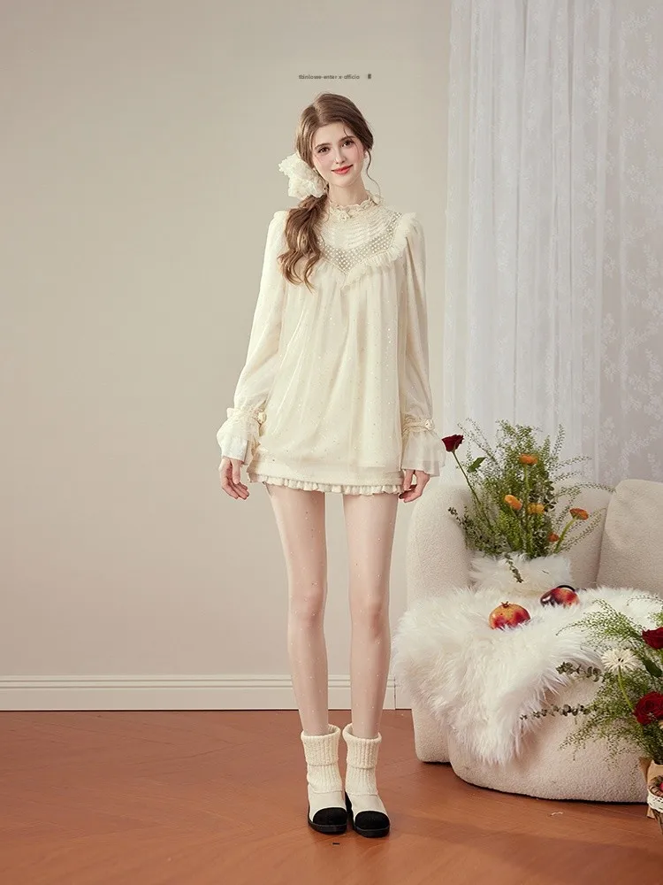 

Женский топ из полиэстера свободного кроя с длинными рукавами, вельветом, кружевом и тюлем, в стиле французского шика, от Love Galaxy Fraant Pearl Heavyweight