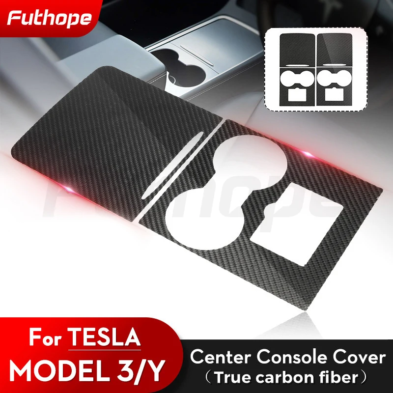 Futhope Real Carbon Fiber ultra thin center console cover For Tesla Model 3 Y 2021-23 not affect Central Control push-pull use 