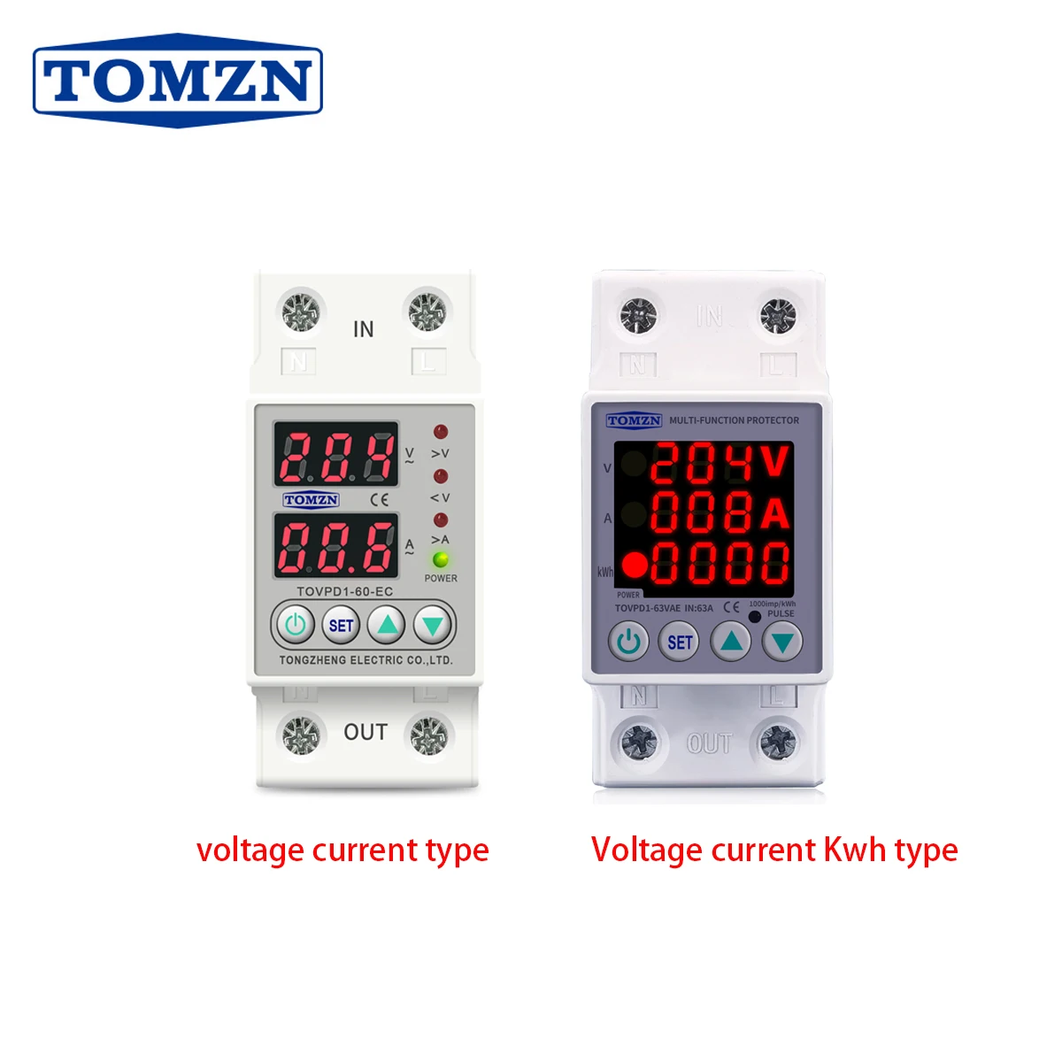 TOMZN Din Rail Dual Display Adjustable Over Under Voltage Current Protective Device Protector Relay 40A 63A 80A 100A 220V 230V