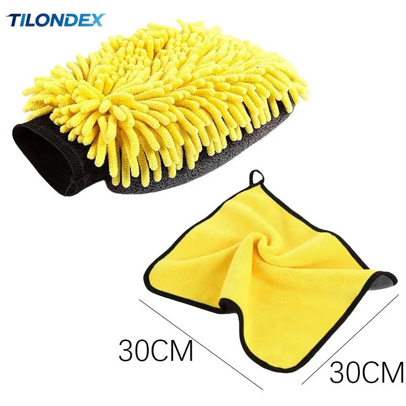 TILONDEX Double Sided Chenille Car Wash Mitt Microfiber Towel Scratch Free Super Absorbent Auto Exterior Interior Cleaning Kit