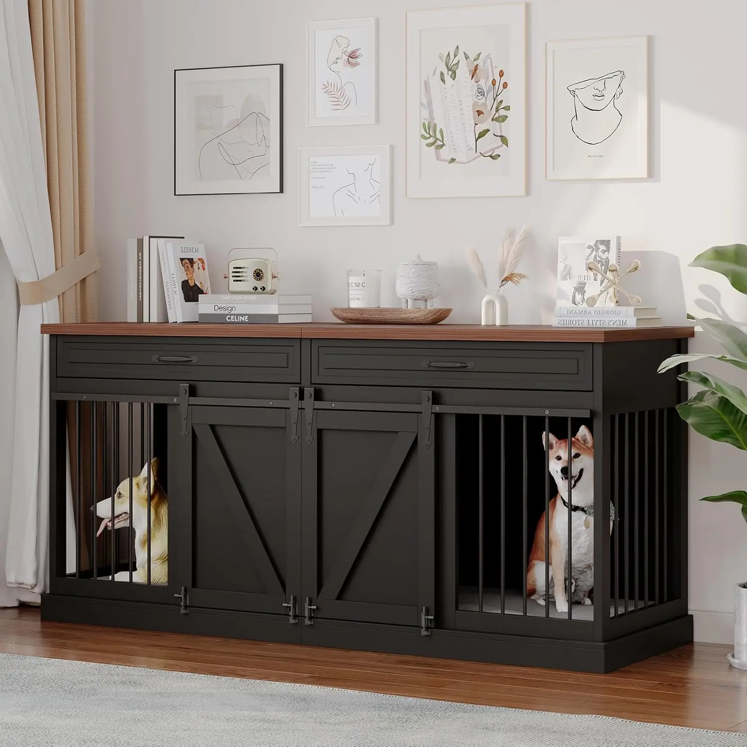 

Wooden Dog Kennel with Sliding Doors, Drawers & Divider - 72' L x 23.6' W x 34' H - Black