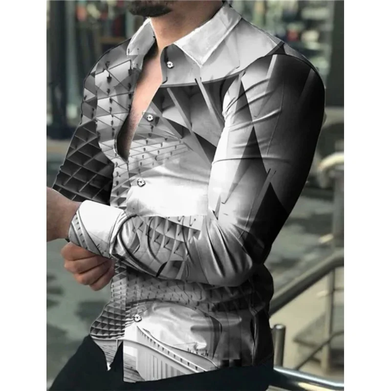Men's Shirt Pattern Printing Geometric Fold Green Outdoor Street Long Sleeved Printed Clothing Fashion Street Clothing Designer