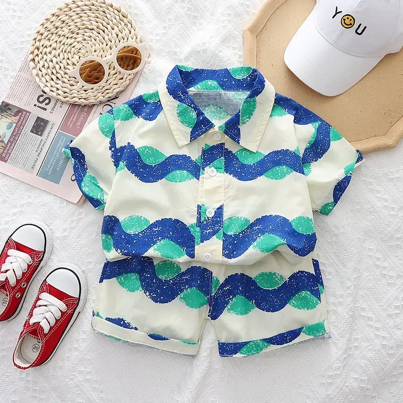 Summer Kids Clothes Suit Children Boys Fashion Wave Shirt Shorts 2Pcs/set Toddler Casual Clothing Infant Kids Tracksuits Suit