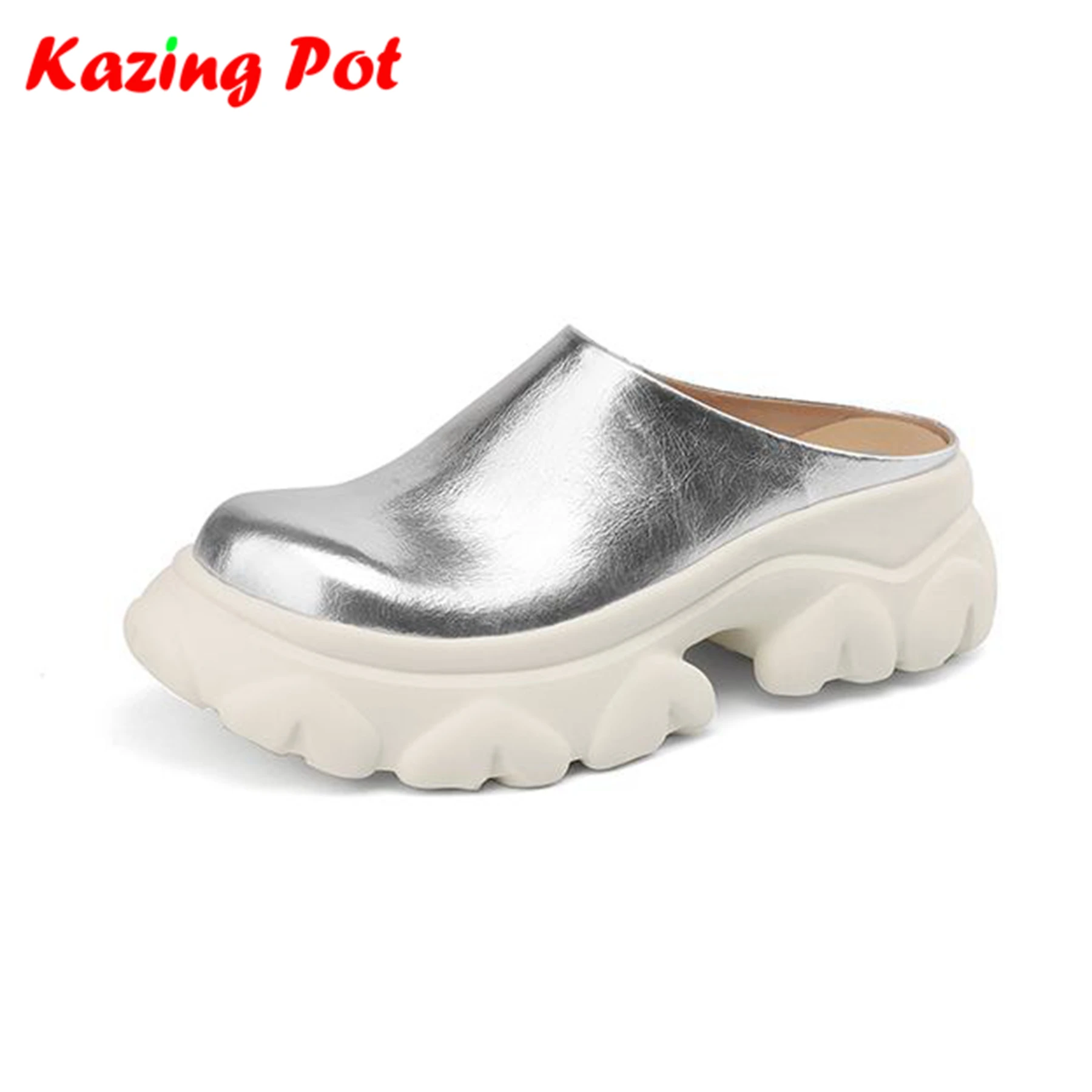 

Krazing Pot Mules Full Grain Leather Summer Slip On Round Toe Thick High Heels Silver Color Women Fashion Cozy Outside Slippers