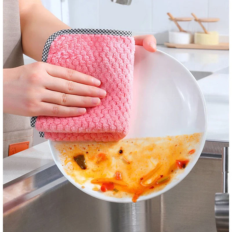 6/12Pcs Thick Home Kitchen Dish Towel Coral Fleece Thickened Table Cleaning Cloth Absorbent Scouring Pad Dish Cloth Kitchen Rag