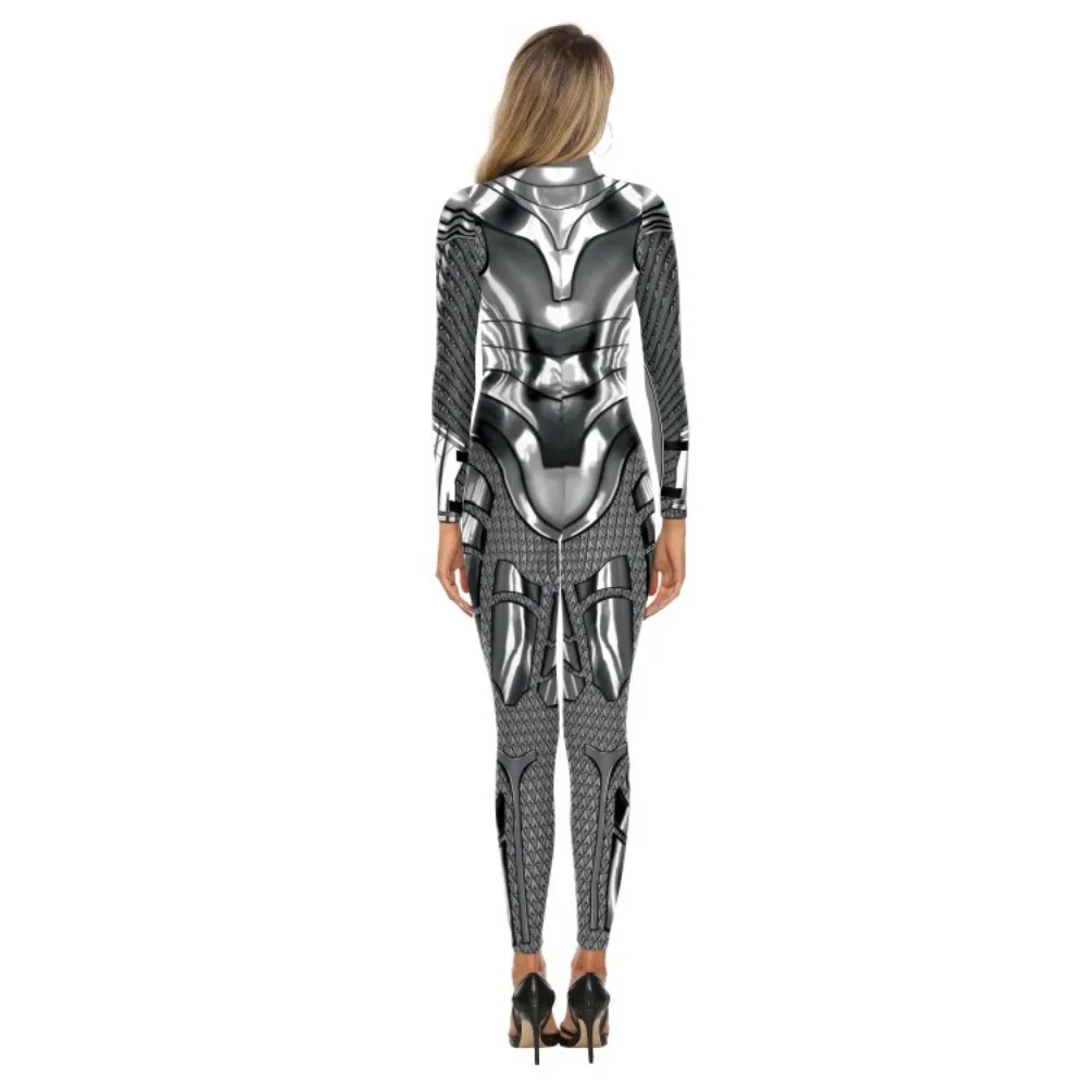 Nieuwe Gemoderniseerde Zilveren Metallic Bedrukte Bodysuit Superheld Spelen Kostuum Halloween Jumpsuit Avond Feest Uitvoering Kostuums