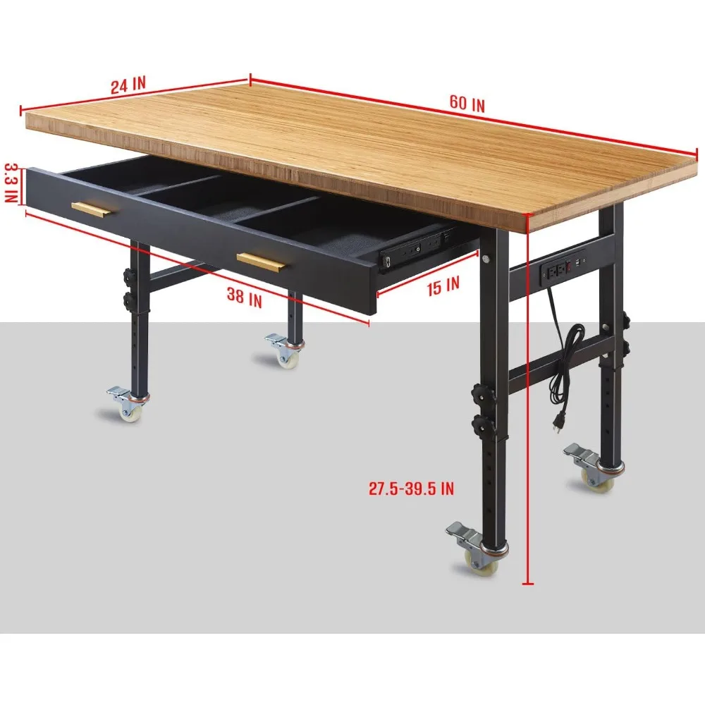 60" verstellbare Werkbank mit Schubladenaufbewahrung, Steckdose – robuster Arbeitstisch – stabiler Stahlrahmen mit Tischplatte aus massivem Bambus