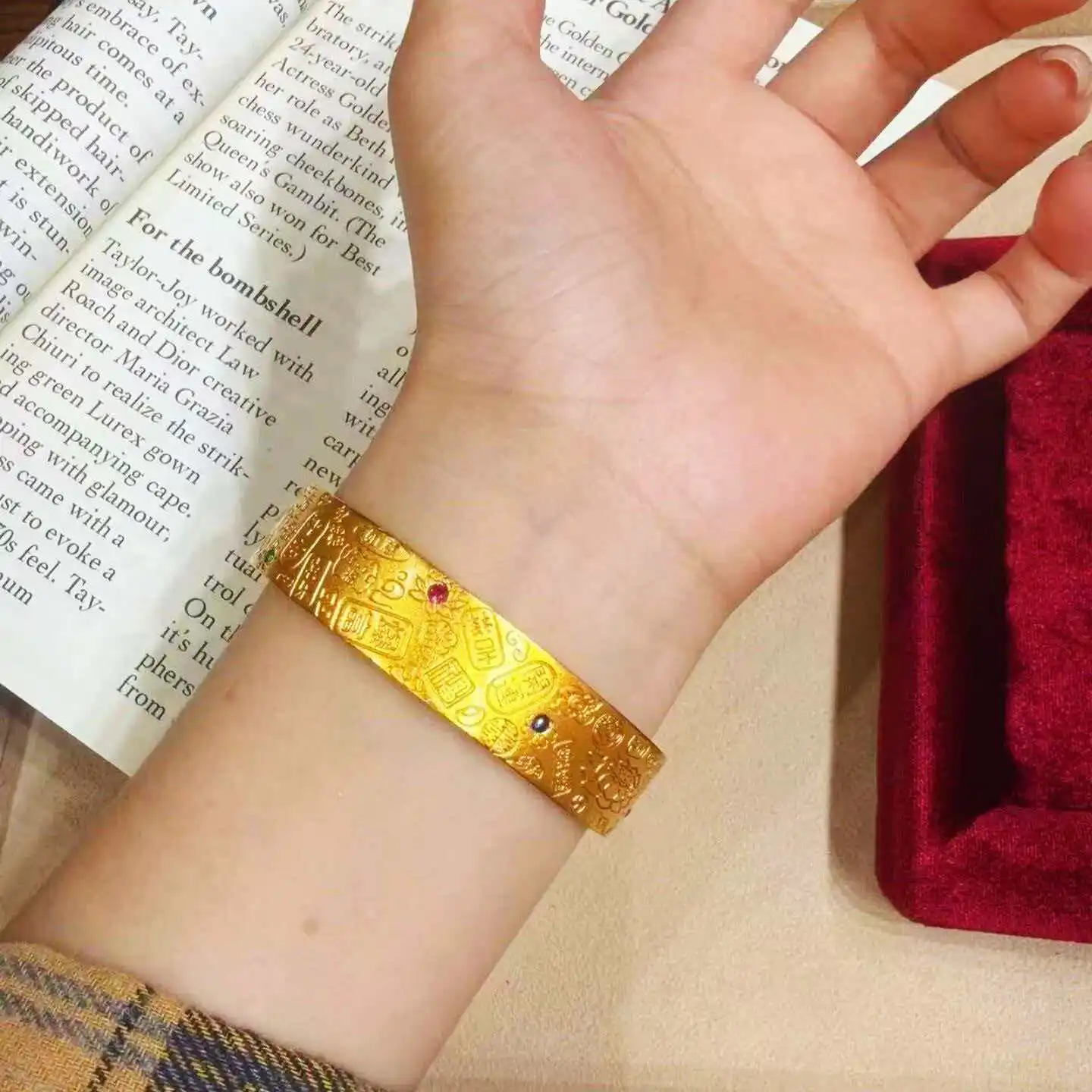 Versatile 24K Gold AU999 Red and Blue Bead Lotus Eight Treasures Open Bangle for Women, oxidation-resistant and daily friendly