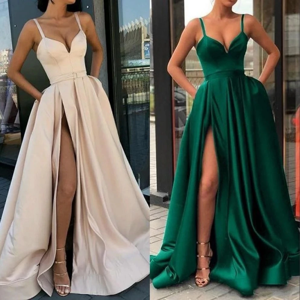 

High Split Evening Dresses Dubai Middle East Formal Gowns Party Prom Dress Spaghetti Straps Plus Size Vestidos De Festa