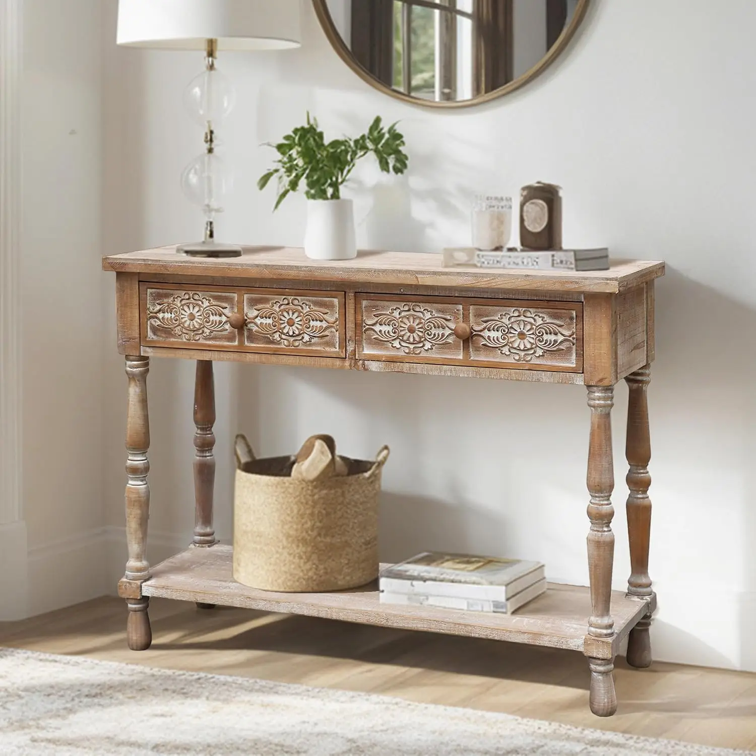 Vintage Wood End Table with 2 Drawers & 1 Bottom Shelf, Rustic Console Storage, Accent Entryway Furniture, Customized