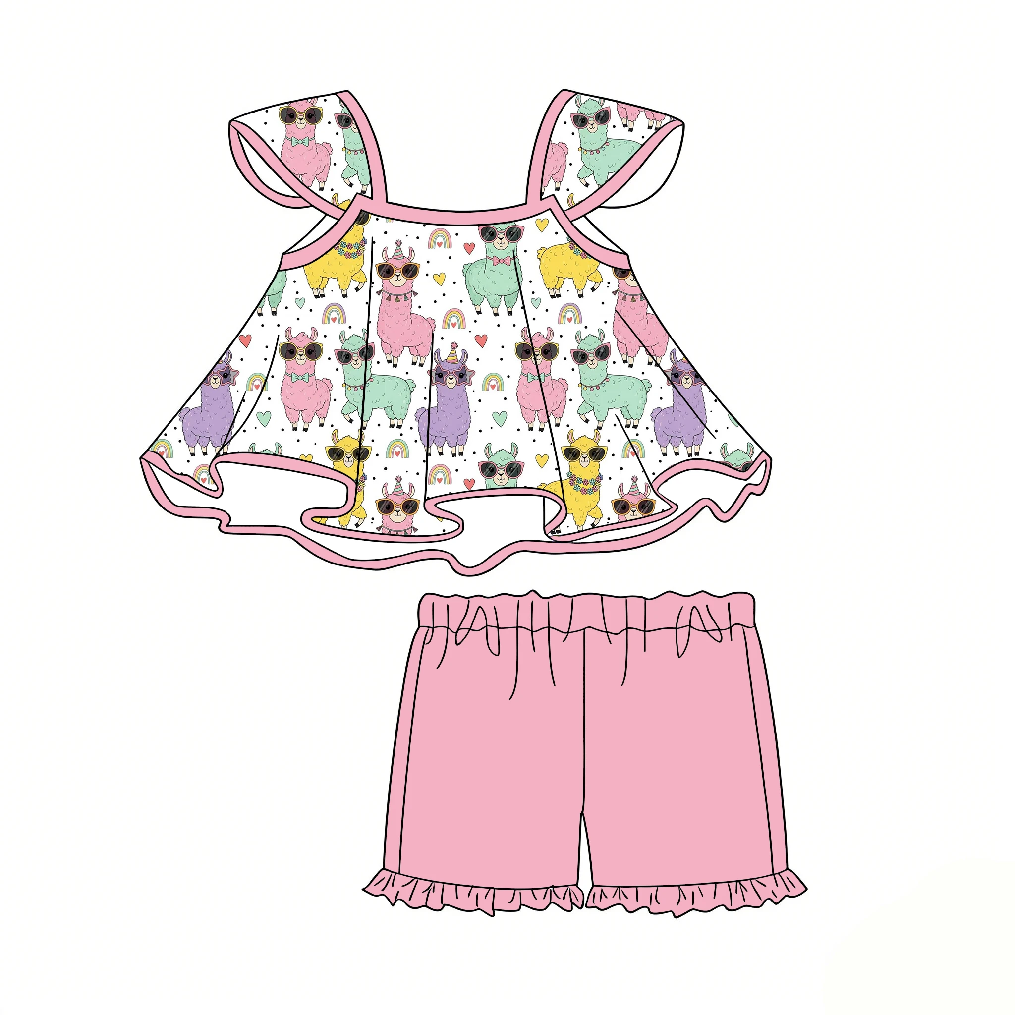 New Girl Cute Animal Print Outfit Flutter Sleeve Ruffle Top Shorts Set Cartoon Cat Dog Llama Summer Casual Clothing