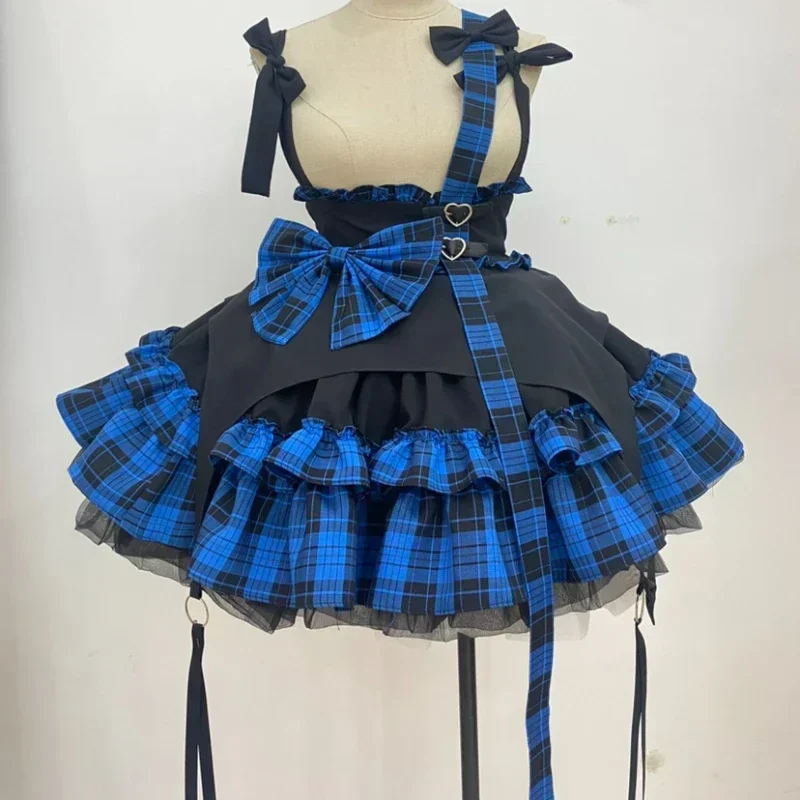 

2024 Cute Girl Y2k Cosplay Costume Party Skirt Ball Gown Lolita Plaid Bow Suspender Skirt Women Love Button A-Line Mini Skirts