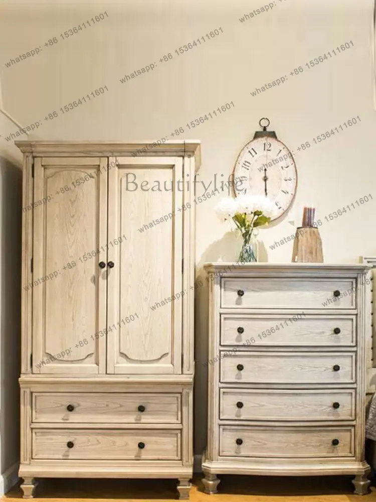 LD American Country Solid Wood Double Door Wardrobe White Door Door Home Bedroom Large Capacity Wardrobe
