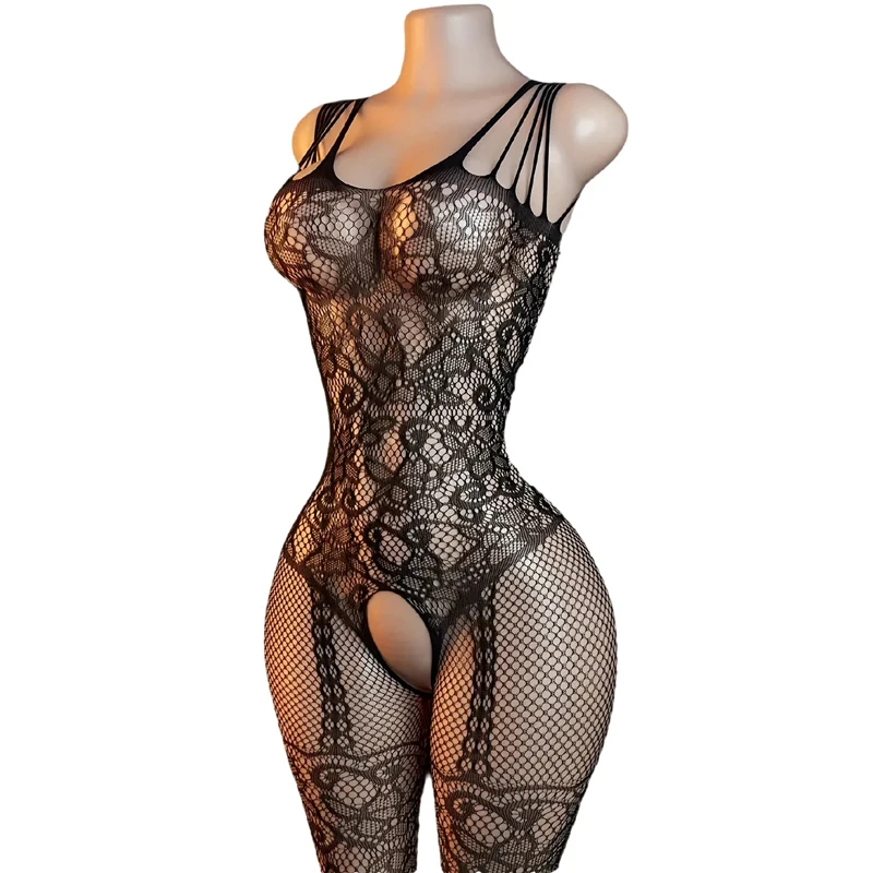 

Женское сексуальное женское белье, черная сетка, чулки для тела без вырезов, подвязки с узором, открытые промежности, боди, эротические пижамы