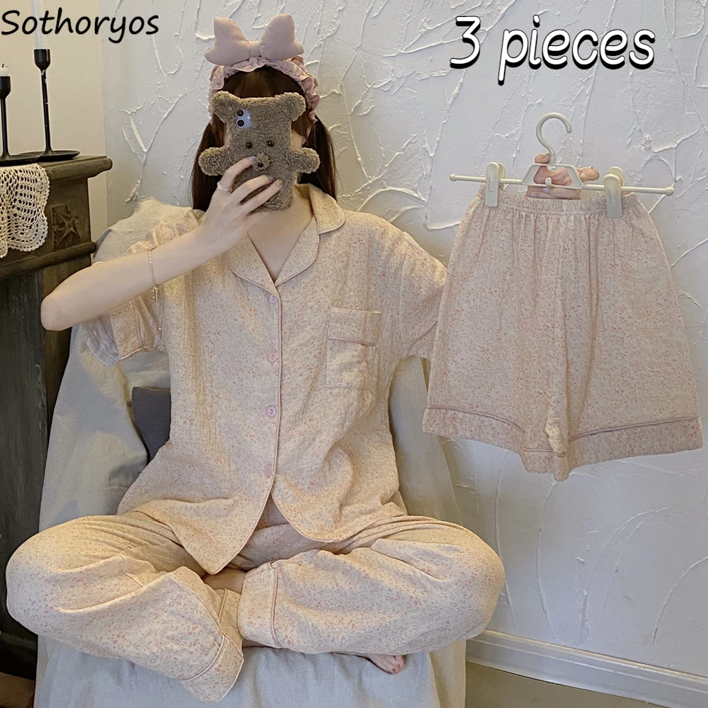 

Pajama Sets Women 3pcs Sweet Design Floral Cozy Leisure Korean Style Lounge Wear Basic Trendy Summer New Home Simple Half-sleeve