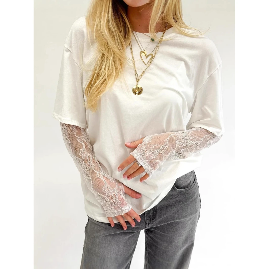 Summer Lace Splice Sexy Individual round Neck T-Shirt Top Unique Design Cotton Long Sleeve Women's Fashion British Style