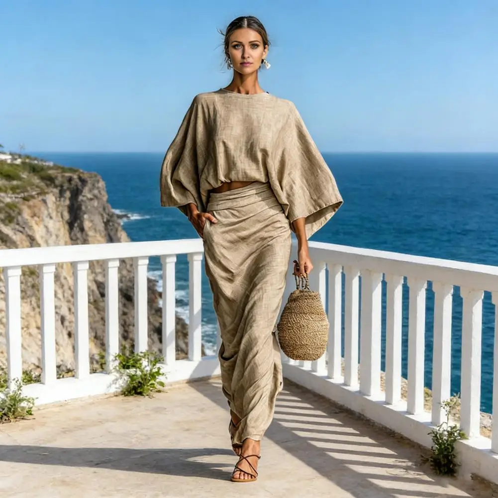 2026 Long Sleeve Turtleneck Top Pullover+Maxi Skirts 2 Pieces Sets Retro Solid Cotton Linen Pleated Suit Fashion Woman Outfits