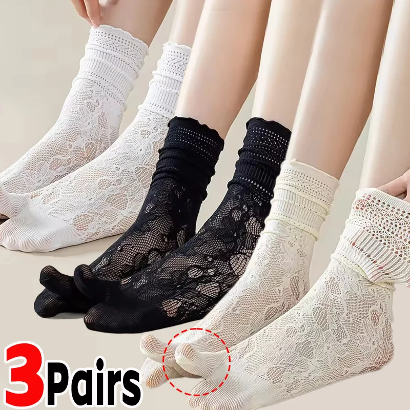 

3Pairs Lace Toe Socks for Women Summer Hollow Out Mesh Two Finger Socks High Tube Cotton Socks with With Separate Fingers