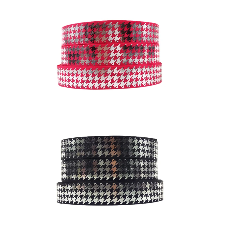 1 rollo, 0.87 pulgadas/22 mm x 5 yardas/rollo, cinta de grogrén plateada con estampado de pata de gallo en negro y rosa