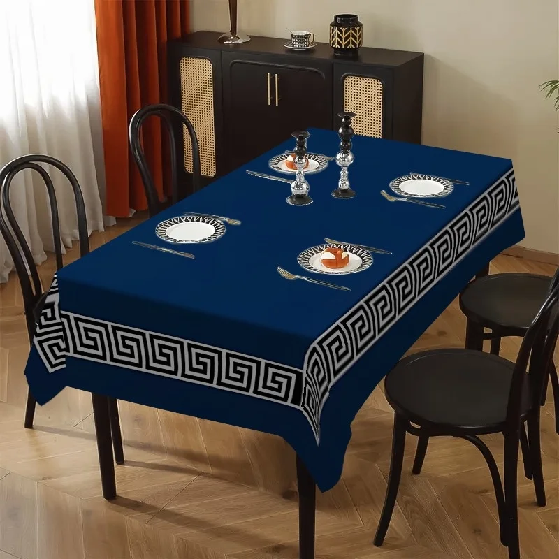Elegant Waterproof Tablecloth Blue Greek Key Pattern Dining Room Picnic Outdoor Indoor Table Cover