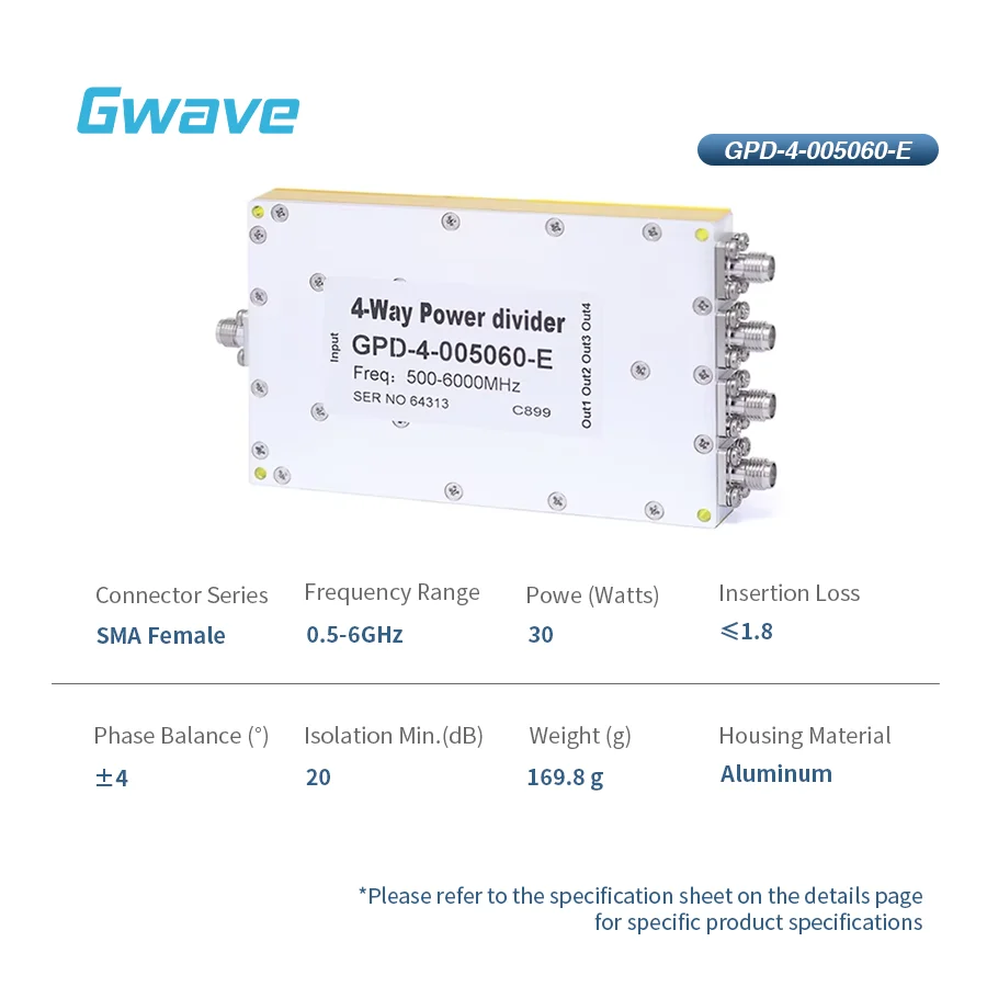 4-Way Power Divider 50 Ohm Impedance RoHS Compliant For Connector Coaxial Connection For RF Communication Labs 0.5-6 GHz 30W