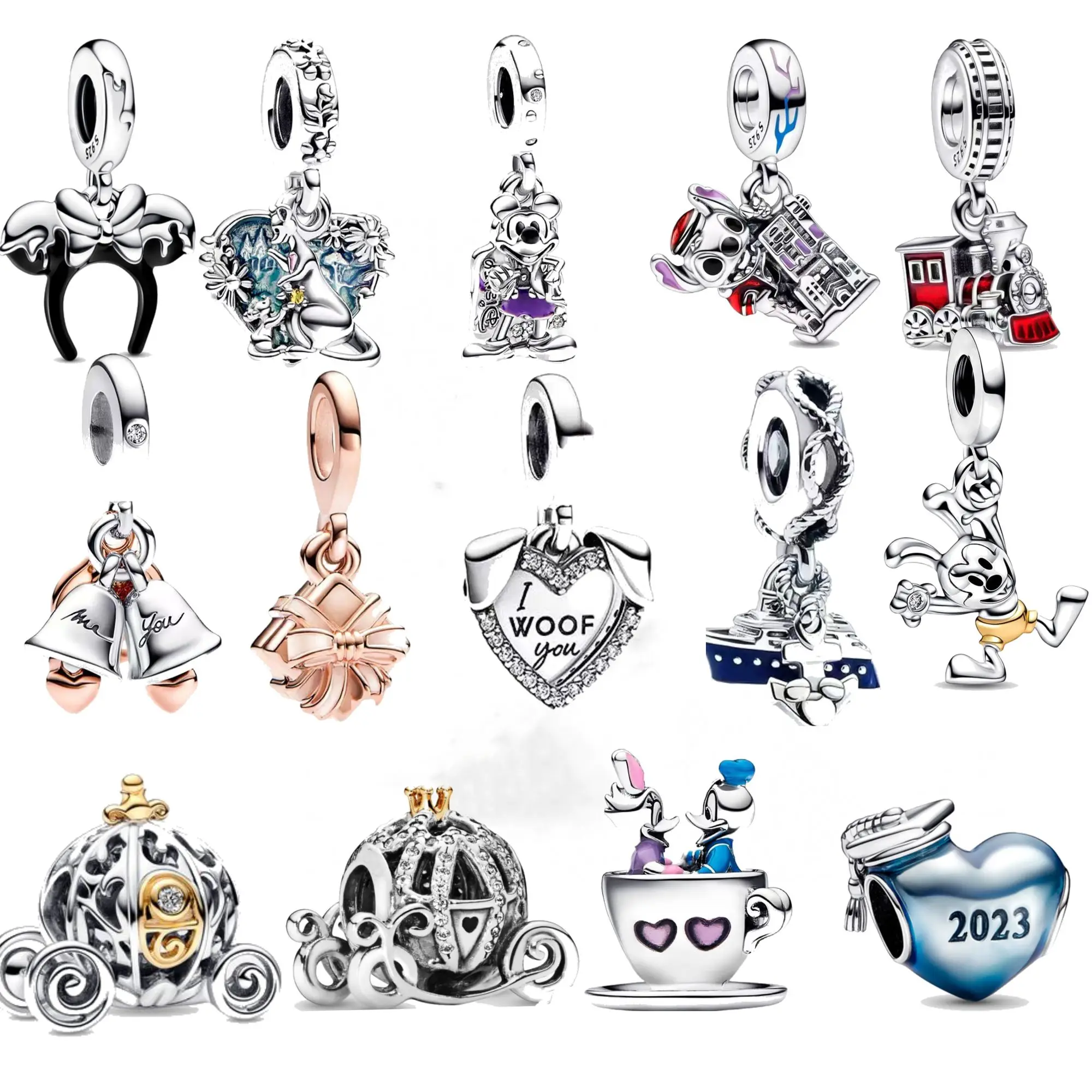 925 Sterling Silver Charme Pingente para Mulheres, Pato Donald, Disney Castle, Mickey, Pumpkin Cart Bead, se Fits Original Pulseira Pandora