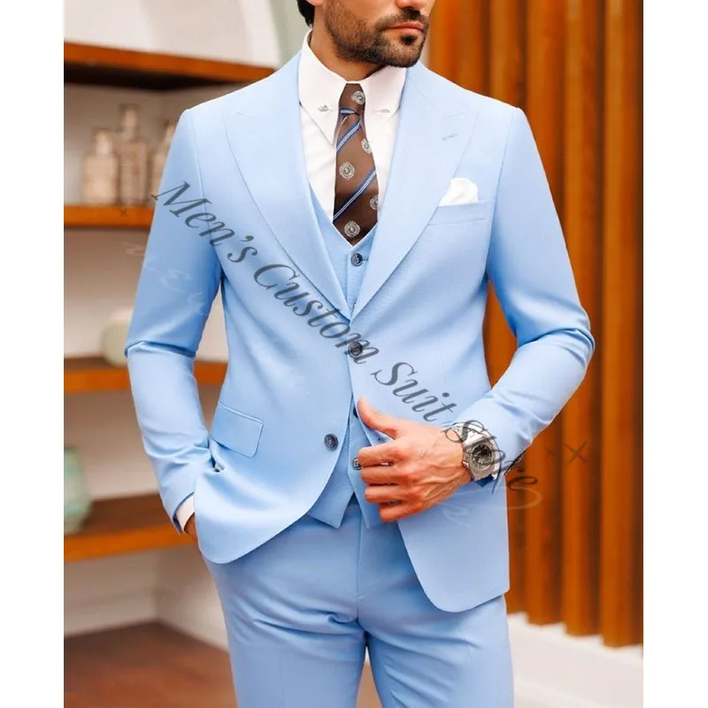 

Sky Blue Wedding Suits For Men Slim Fit 3 Piece Pants Set Formal Groom Dinner Peaked Lapel Tuxedo Terno Masculino Completo