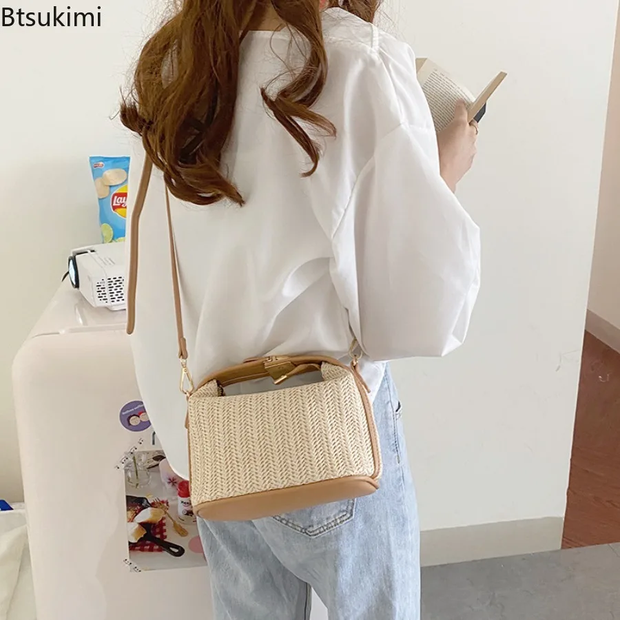 2026 New Summer Small Straw Handbag Trendy Shoulder Bag Woven Bucket Crossbody Bag Casual Seaside Beach Bag Gilrs Handle Tote
