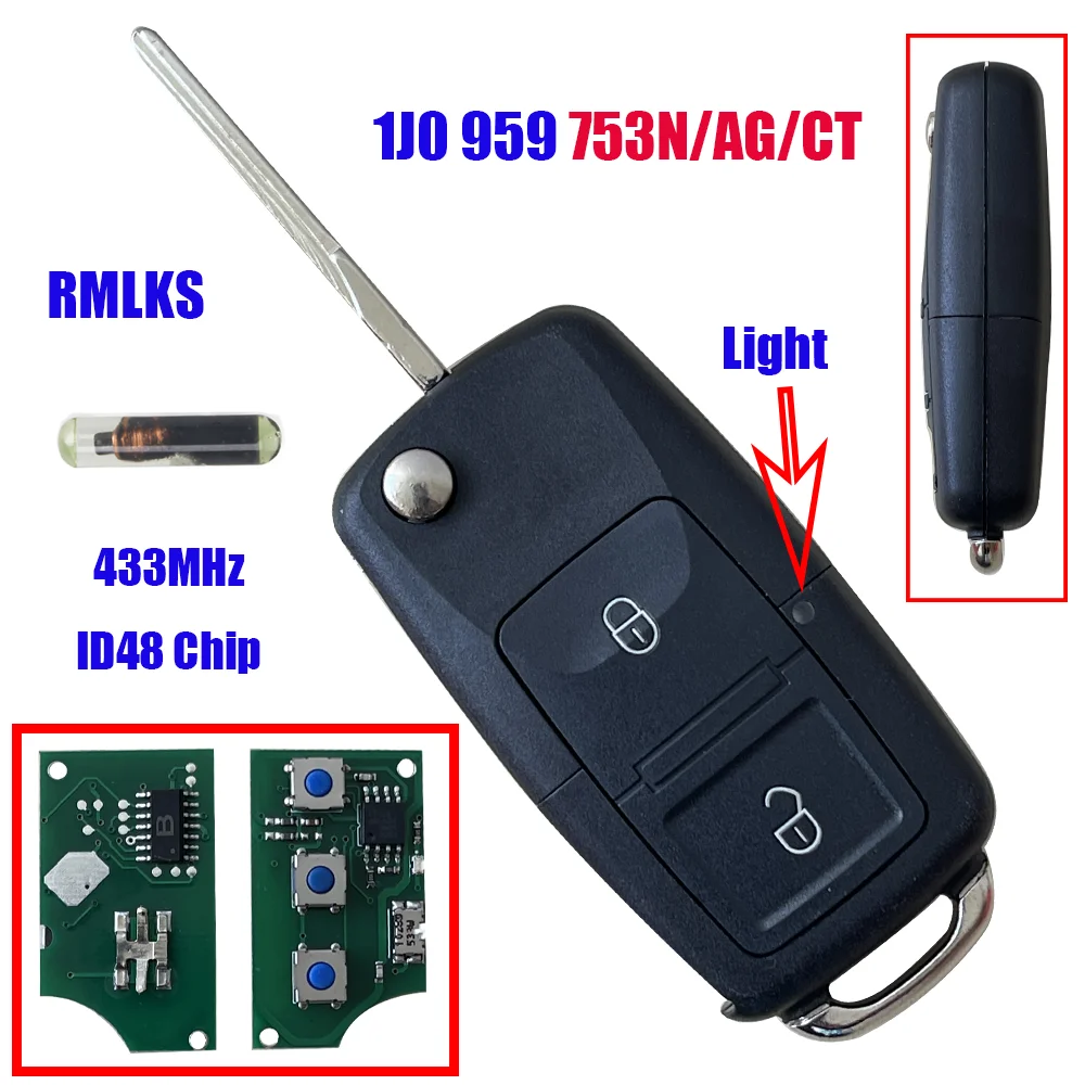 

Flip Remote Car Key Fob For VW Bora Golf Polo Passat Touran Seat Skoda 434MHz ID48 Chip 1J0959753AG 1J0959753CT 753N