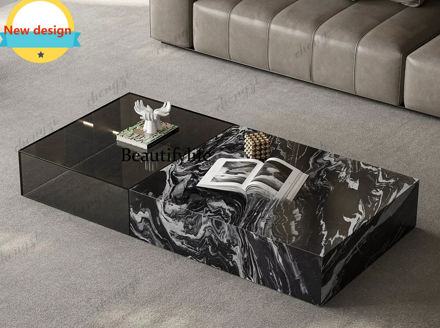 H178  Italian minimalist tempered glass splicing coffee table rectangular high-end living room coffee table