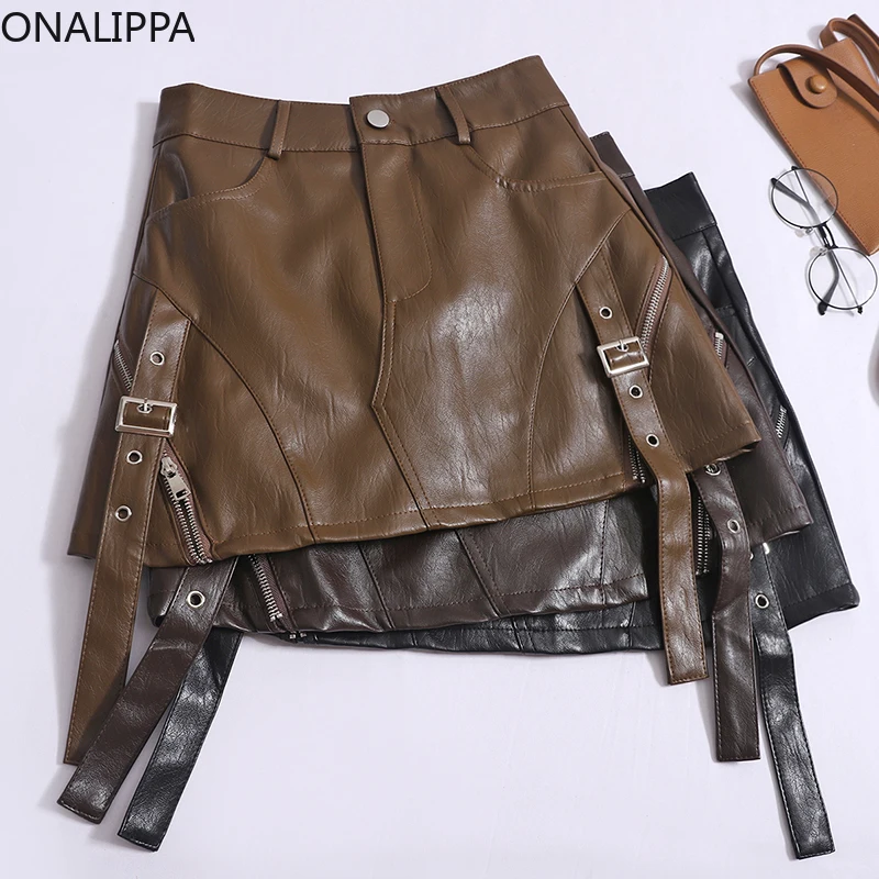 Onalippa High Street PU Skirts for Women Button Fly A Line Double Belts Solid Color Mini Skirt Korean Chic Design Women Cothing