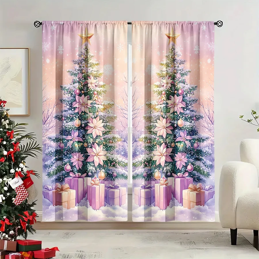 2PCS Digital Print Curtain, Pink Purple Dreamy Christmas Tree with Poinsettia and Gifts, Watercolor Snow Scene, for Window Decor
