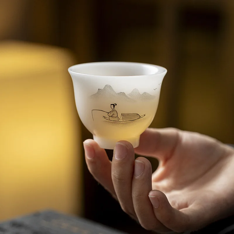 Gaiwan high-grade suet jade porcelain tea set white porcelain pure hand-painted landscape