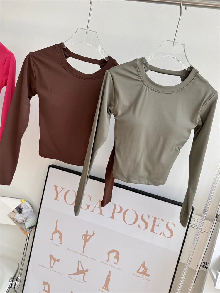 Camisa Sexy de manga larga para mujer, ropa de Yoga acolchada, ropa deportiva elástica para correr al aire libre, Top corto ajustado para entrenamiento