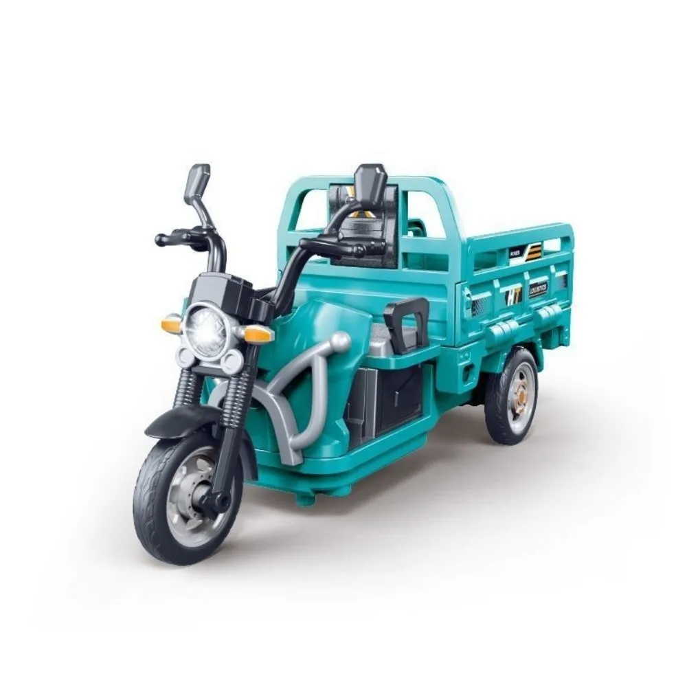 Model rowerka trójkołowego z dźwiękiem i światłem, kierunkowskazami na przednim koście, mechanizmem inercyjnym, rowerka inercyjnego, plastikowy model miniatury z napędem pull-back.