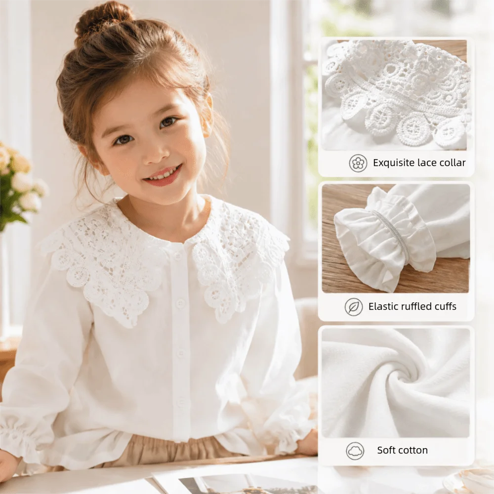 Lace Embroidery Long Sleeve Blouse Solid Color White Long Sleeved Lace Collar Shirt Hollow Out Collar Loose Fit Button Shirt