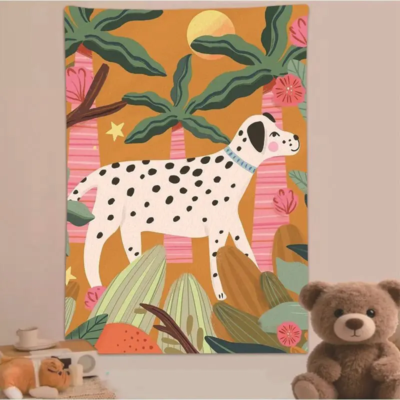 VIKAMA Dalmatian Dog Tapestry Wall Hanging Orange Tropical Palm Tree Retro Boho Aesthetic Wall Art Bedroom Dorm Room Decor